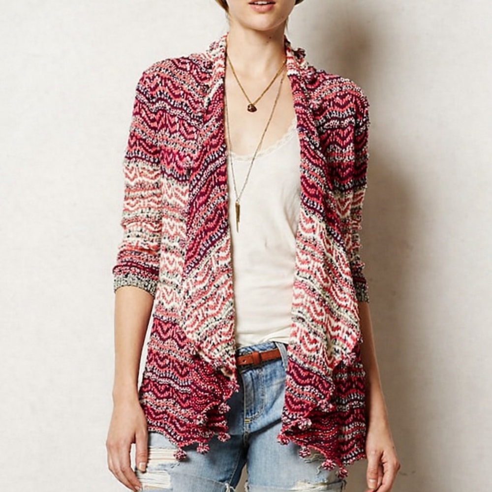 Anthropologie moth kasimira cardigan loose knit festival pom pom